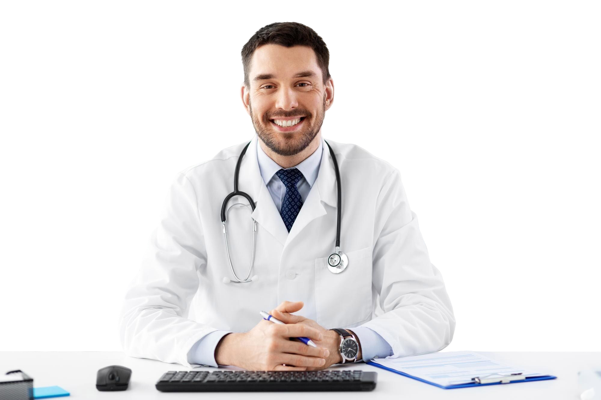 Médico general sonriente en consulta online